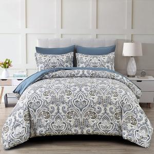 Drucon Blue Paisley Comforter Set Full,7 Pieces Bed in a Bag Comforter Boho Paisley Pattern Bedding Set Soft Microfiber(1 Comforter,1 Flat Sheet, 1 Fitted Sheet,2 Pillowcases, 2 Pillow Shams)