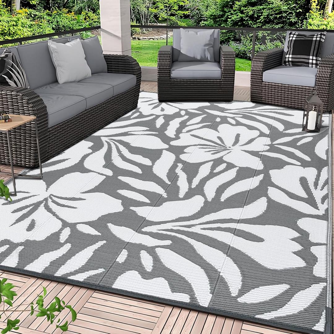 VKLIVING 8'x10' Outdoor Patio Rug, Grey-Floral, Waterproof, Modern Style, Flat Woven, Floral Pattern, Polypropylene, Area Rug, Spot Clean Only