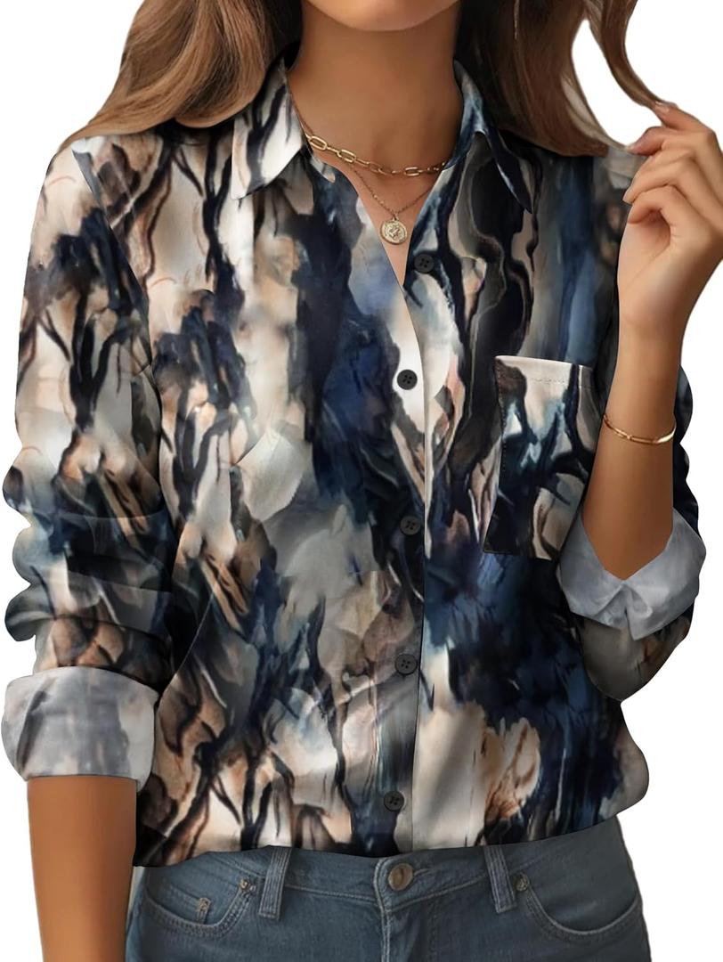 Zeagoo Womens Button Down Shirt Long Sleeve Blouse Business Work Tops Dressy Casual Floral Printed Outfits with Pocket (XL)