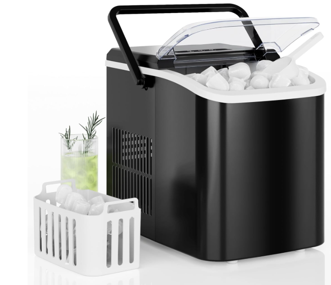 DUMOS Countertop Ice Maker with Handle, 26lbs/24H Portable Ice Machine, 9 Bullet Cubes Ready in 6 Mins, Self-Cleaning, Quiet Compact for Home, Kitchen, RV, Camping, Bright Black