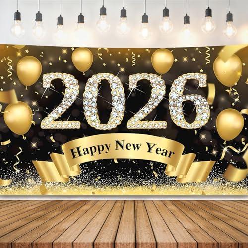 Happy New Year Banner 2026-72x44 Inch Extra Large Happy New Year Backdrop, New Years Decorations 2026, NYE Decorations 2026 for Indoor Outdoor Celebration Photography Background