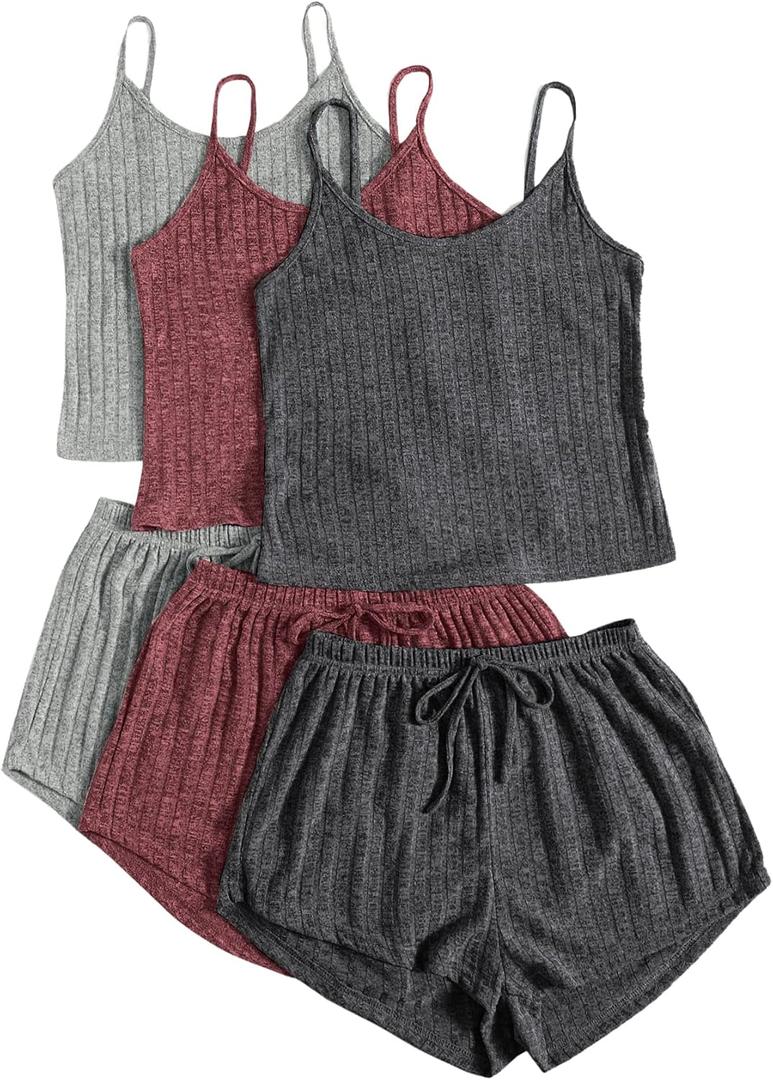 GORGLITTER Women's 3 Sets Ribbed Pajamas Set Sleeveless Crop Top and Tie Front Shorts Lounge Set Sleepwear Loungewear (Grey Red Dark Grey)