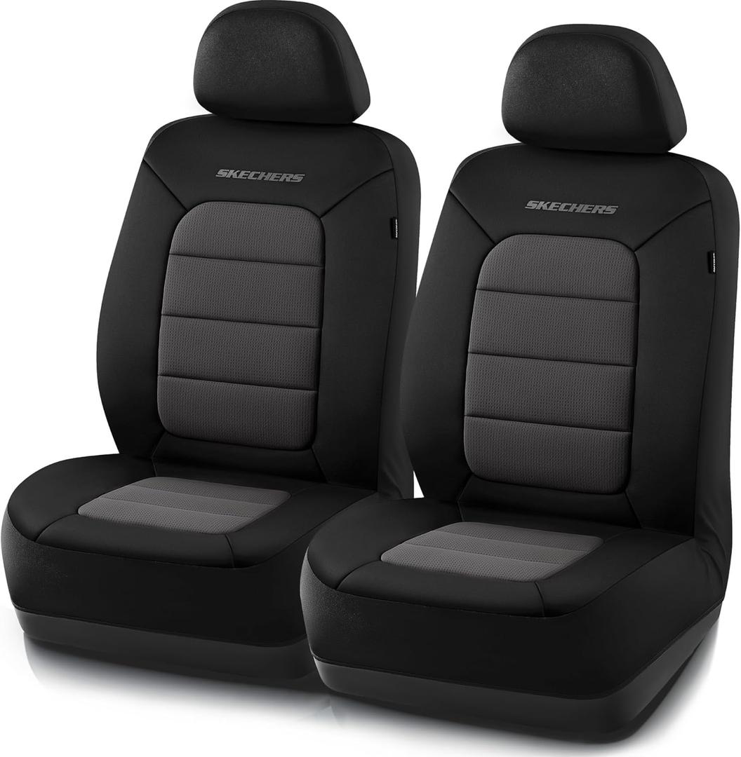 Skechers Memory Foam Seat Covers,Thick Cool Touch Fabric Seat Covers,Slip-ins Front Seat Covers,Airbag Compatible,Automotive Comfort Protection for Most Cars,Vans,Trucks,SUV,Floor Grey (Black and Grey)