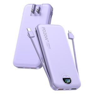 Portable Charger, 10000mAh PD20W USB C Fast Charging Power Bank with Built-in Cables and AC Wall Plug, Smart LED Display Travel Essentials Battery Pack Compatible with iPhone, iPad, Samsung etc Purple
