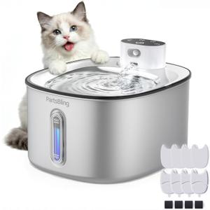 PartsBling Stainless Steel Cat Water Fountain, Cordless & Battery Operated 4.2L/142oz, Ultra Quiet 20dB, 5000mAh Rechargeable, Wireless Pet Fountain for Cats & Dogs, Includes 4 Filters, White