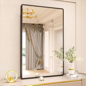 New Upgrade Bathroom Mirror, 28X36 Inch Black Metal Frame Wall Mounted Rounded Rectangle Bathroom Vanity Mirror with Tempered Glass for Washroom Bedroom Living Room