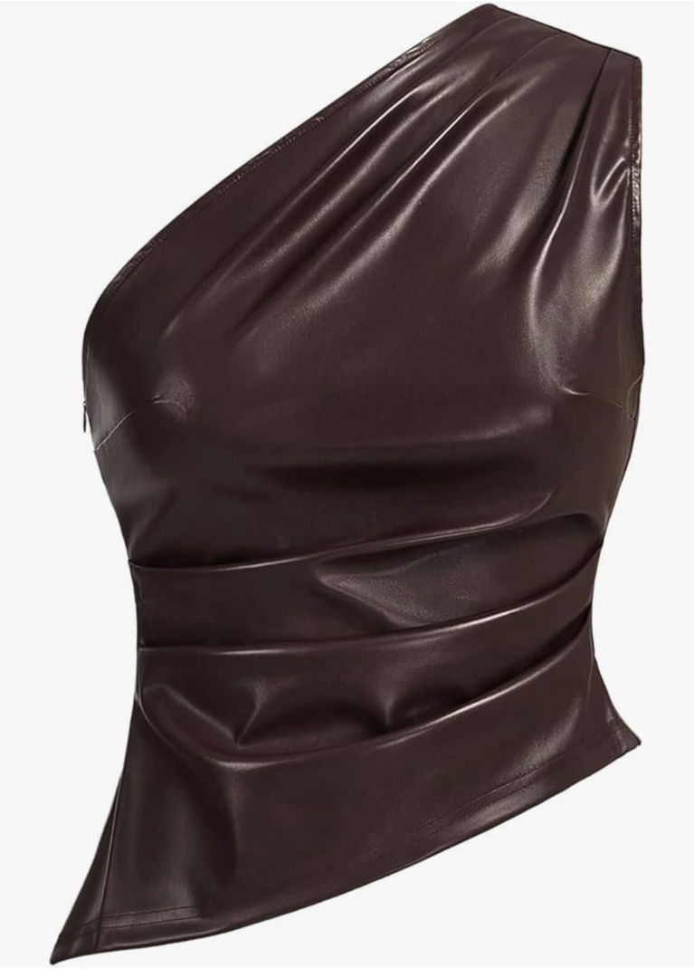 MakeMeChic Women's Faux Leather One Shoulder Sleeveless Y2k Tank Top Asymmetrical Ruched Tops,L