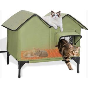 Large Heated Cat House for Outside in Winter, Elevated Insulated Heated Outdoor Cat House Weatherproof with Heating Pad, Waterproof Outdoor Cat Shelter for Multiple Cats Small Dogs(Green)