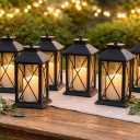 Decorative Black Lanterns Set of 6 with LED Flameless Candles Outdoor & Indoor Lantern Decor with 4 Hour Timer Cross Bar Design Hanging or Tabletop Lanterns 13 Inch