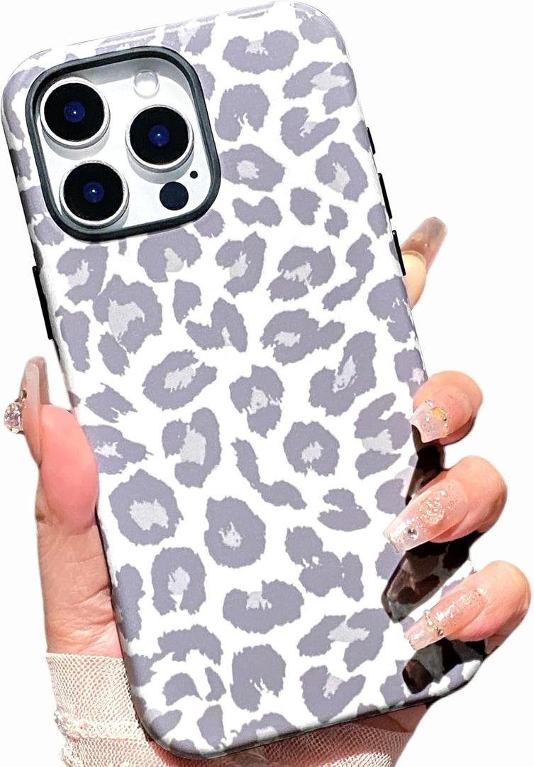 Cute Leopard Case for iPhone 16 Pro Max, Aesthetic Leopard Cheetah Pattern Design for Women Girls, Hybrid 2 Layer Hard Shell and Soft Silicone Protective Shockproof Frosted Phone Case, Gray