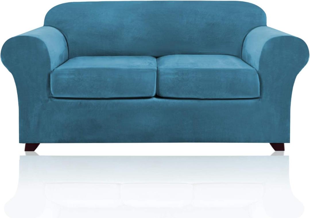 PrinceDeco Velvet Couch Cover Loveseat Covers for 2 Cushion Couch 3 Piece Sofa Covers for Dogs Washable Loveseat Covers Width Up to 72 Inch No Slip Stretch Sofa Slipcover(Medium, Blue) (Medium(58"-72"))