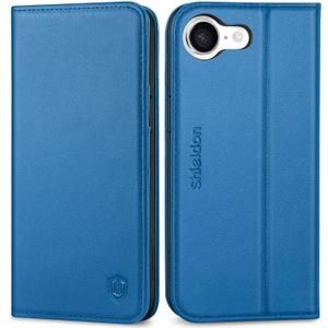 SHIELDON Wallet Case for iPhone 16e 2025, Genuine Leather Flip Case RFID Blocking Card Slot Kickstand Magnetic Shockproof TPU Phone Holder Cover Compatible with iPhone 16e 6.1" - Sapphire Blue