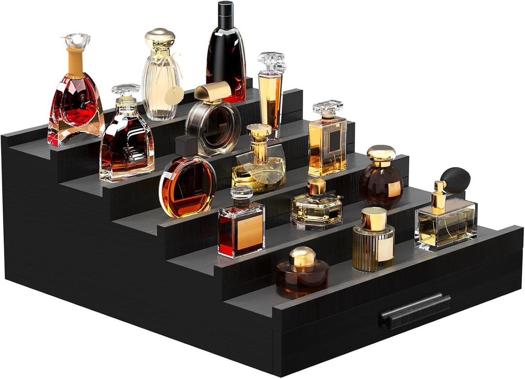 Wooden Cologne Organizer for Men 5 Tier of Perfume Display Holder of Drawer & 2 Hidden Compartments Larger Storage Space Mens Perfume Organizer Shelf Stand,Gift for Man (5T-Black)
