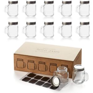2.5oz Small Mason Jars with Stainless Steel Lids & Chalkboard Labels (10 pack) Leak Proof Mini Mason Jars with Handles, Glass Shot Glasses, Tiny Mason Jar Mugs for Gifts, Party Favors, Candy, Weddings