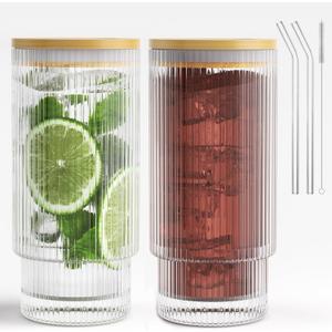 16OZ Ribbed Glass Cups with Lids and Straws,Iced Coffee Cups with Bamboo Lid,Vintage Glassware for Whiskey Cocktail Beer Fruit Juice Glasses Tumbler(2 Pack)