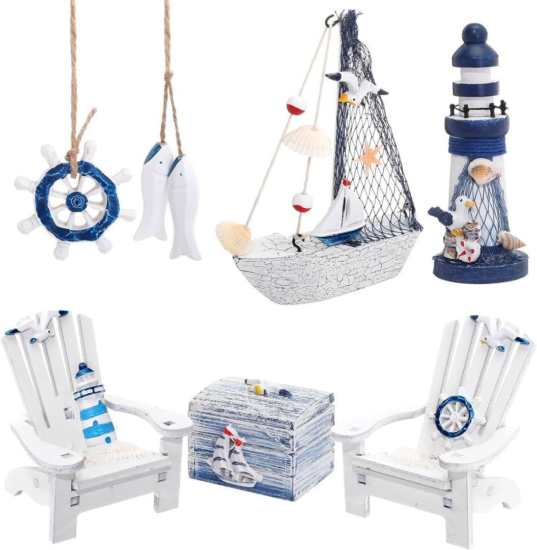 7 Pieces Wooden Box Wooden Lighthouse Mini Sailboat Anchor Fish Hanging Starfish Model Spring Summer Easter Tree Ornament Decoration Aquarium Decor Landscape Tank Ornament Office Mini Garden Landscape