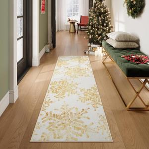 Lahome Snowflake Christmas Runner Rug, 2x6 Non Slip Christmas Rug Runners for Hallways Non Skid Washable Runner Rug Holiday Decor Carpet Runner for Kitchen Bedroom Laundry(2x6ft,Gold)