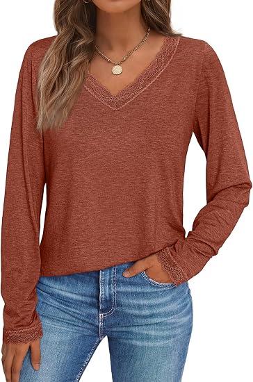 AUTOMET Long Sleeve T Shirts for Women Lace V Neck Casual Cute Tops Loose Fit Fall Winter Basic Clothing, Maple, XL