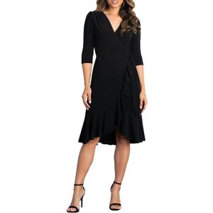 Kiyonna Plus Size Whimsy Ruffled Midi Wrap Dress with Sleeves, Wrap Around Style for Cocktail, Party, Wedding Guest or Work, Black Size 0X (10-12)
