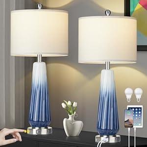 28" Glass Table Lamp Set of 2, Modern Table Lamps with USB A+C Ports & AC Outlet, Touch Control Bedside Nightstand Lamp with LED Night Light & White Fabric Shade for Living Room Blue(4 Bulbs Included)