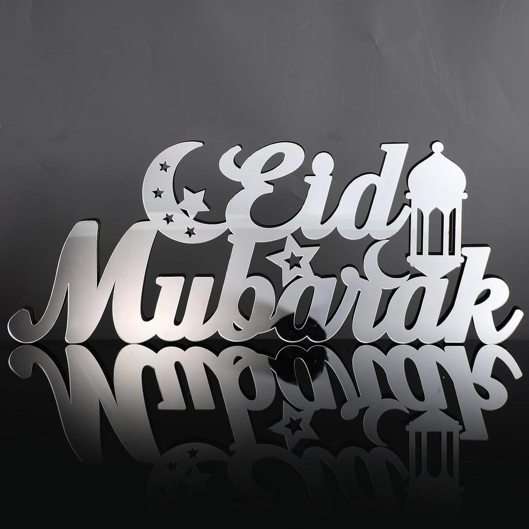 Islamic Tabletop Decors Ramadan Mubarak Sign Ramadan Kareem Eid Decoration Islamic Home Decor Gifts Wooden Letter Ramadan Table Sign Tabletop (Silver,Eid Mubarak)
