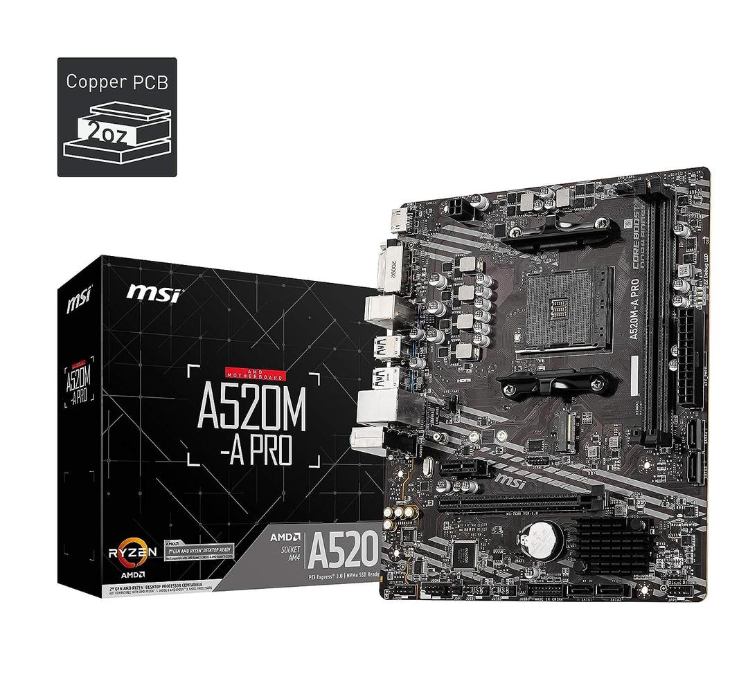 MSI A520M-A PRO Gaming Motherboard (AMD Ryzen 5000, AM4, DDR4, PCIe 3.0, SATA 6Gb/s, M.2, USB 3.2 Gen 1, DVI/HDMI, Micro-ATX)