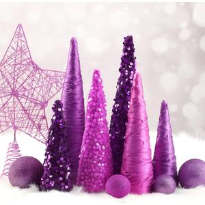 6 Pcs 10" 8" 6" Christmas Purple Cone Trees Decoration Glitter Velvet Tree Table Centerpiece for Xmas Tabletop Crafts Wedding Party Room Decoration