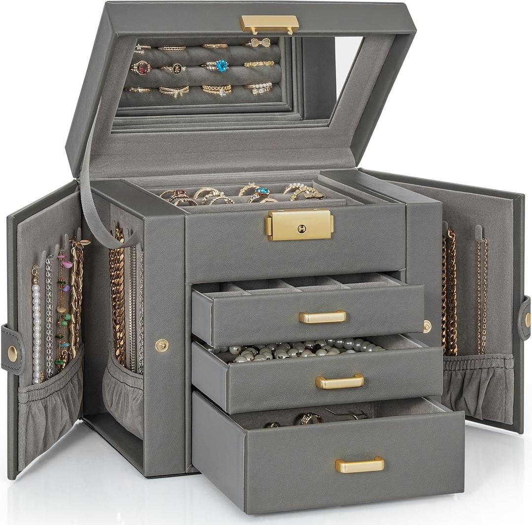 AKOZLIN 4-Tier Jewelry Box Leather Jewelry Storage Organizer with 3 Drawers Lockable for Women Girls Ring Necklace Earring Bracelet Holder with Mirror Dark Grey (Regular-4 Layer)