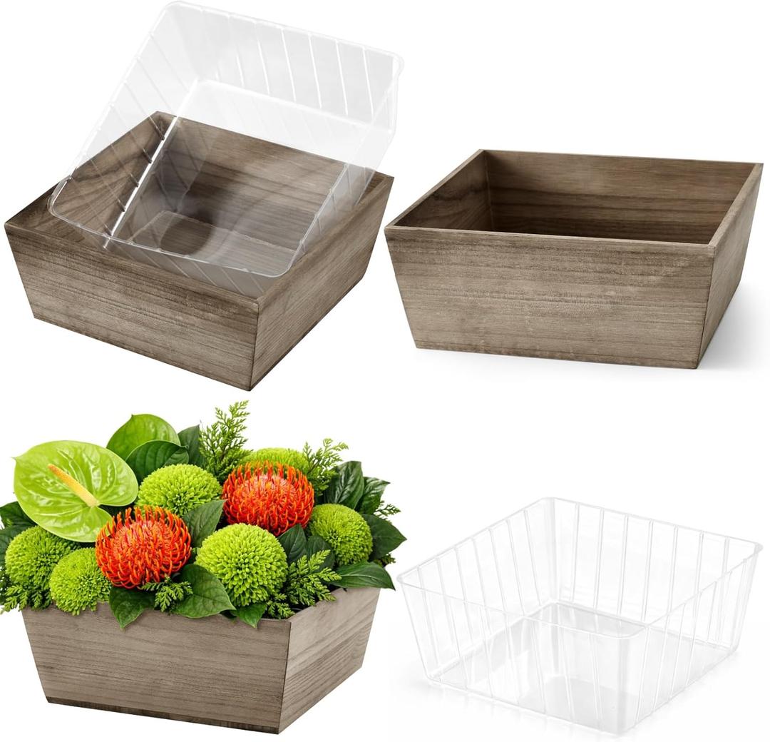 Dandat 2 Set Wooden Centerpiece Box for Wedding Table Decor 10 Inch Rustic Wood Planter Box with Removable Plastic Liner Farmhouse Flower Boxes for Party, Wedding, Baby Shower, Home Garden Decor