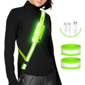 LED Belt Reflective Sash for Walking at Night,High Visibility Adjustable Night Running Safety Gear,Light Up Running Belt Reflective Gear with Phone Bag/Armband for Runners Walkers Men Women (Green)