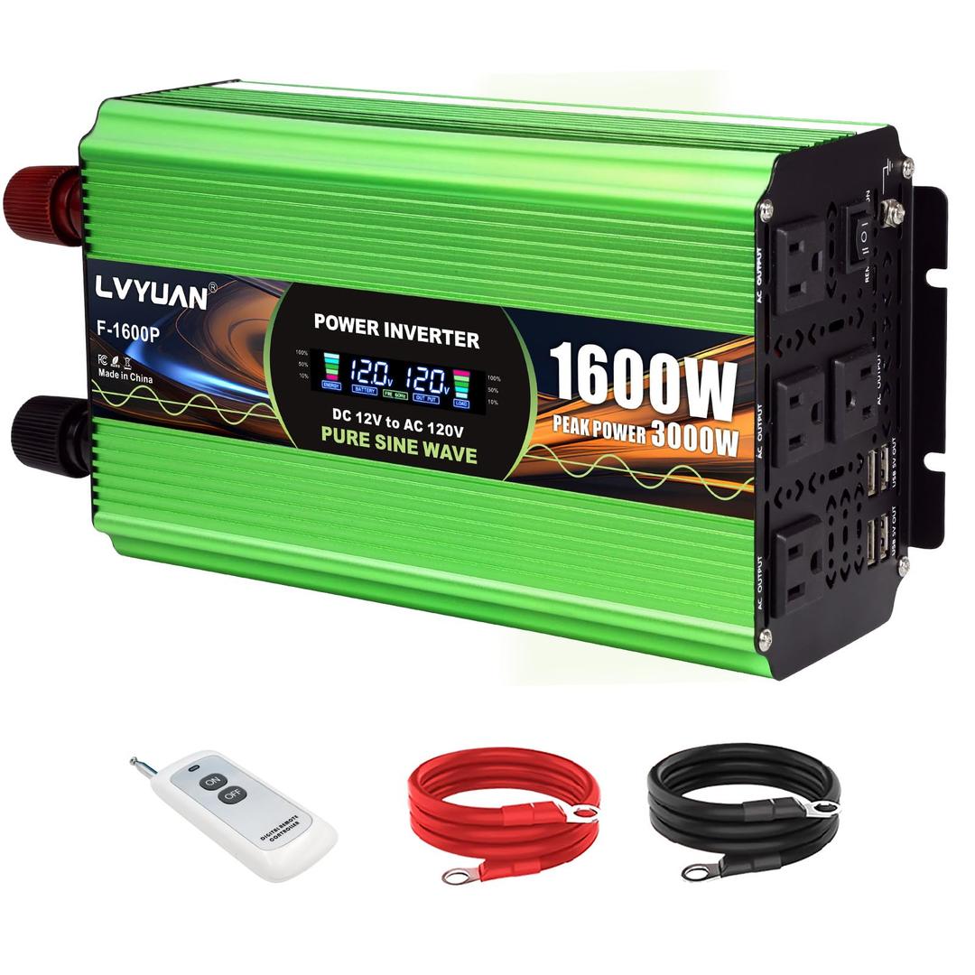 5000W Pure Sine Wave Power Inverters, LVYUAN 10000W Peak Power 12V DC to AC 120V Power Converter for RV, Truck, Outdoor, Remote Control Quadruple AC Outlets and USB Ports Inverter with LCD Display
