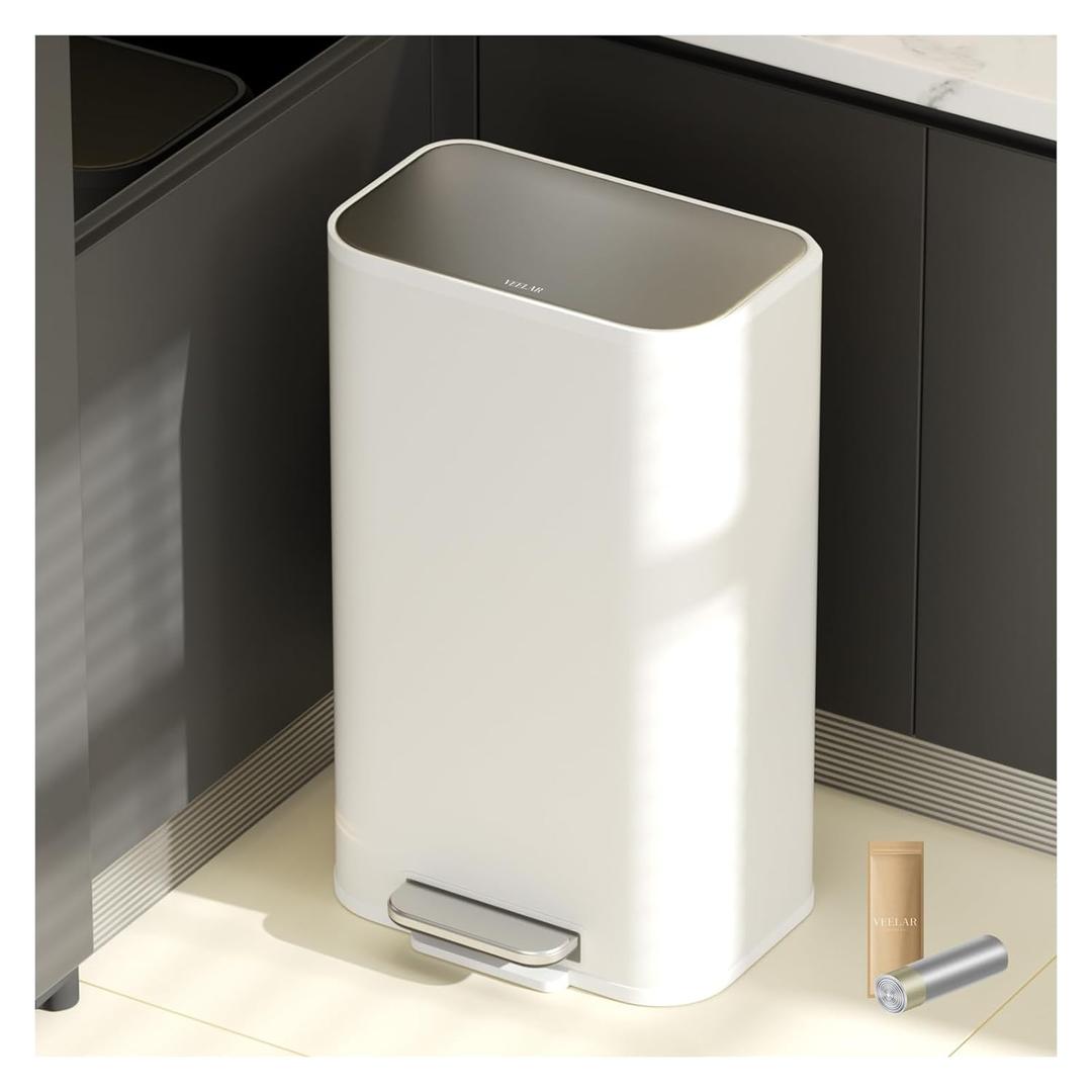 Kitchen Bathroom (8 Gallon/30 Liter) Trash Can - Stainless Steel Garbage Cans with Foot Pedal, Recycling Bin with Lid for Office Bathroom Decor (White)