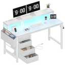 Lufeiya White Desk with 4 Drawers - 47 inch Gaming Desk with Monitor Stand, Reversible Computer Gaming Table with LED Lights Power Outlets and Storage Bag Fabric Drawer for Home Office, Bedroom, White