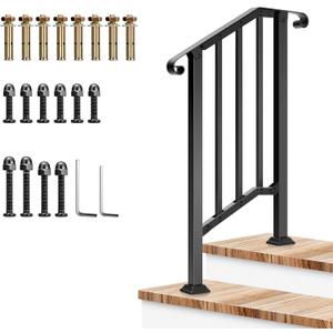 VIVOSUN Outdoor Handrail, 2 Step Stair Handrail, 26" x 36" Fits 1 to 2 Steps, Wrought Mattle Iron Stair Railing with Curved Ends and Balusters for Concrete Steps, Porch Steps, One-step Assembly, Black