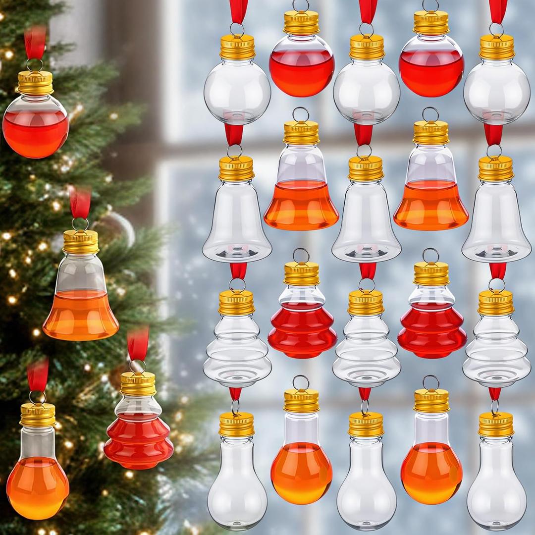 Patelai 24 Pcs Christmas Booze Balls Xmas Fillable Booze Tree Ornaments Christmas Drink Balls Clear Plastic Shot Glasses Hanging Ornaments Bottle Bulbs for Xmas Party(Ball, Bulb, Bell, Tree)