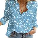 Dokotoo Women's Casual V Neck Alicia Floral Print Roll Up Long Sleeve Chiffon Button Down Blouses Bohemian Top Shirts (Blue, M)