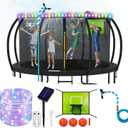 Trampoline Accessories Kit Kids, Trampolin Sprinkler/Basketball Hoop/50FT Solar Lights, Fits 8 10 12 14 15 16FT Trampoline Outdoor with 3 Mini Basketballs, Non-Damaging to Net, Features 8 Light Modes