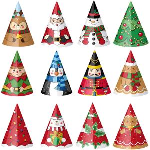 Harrycle 24 Pcs Christmas Party Hats Paper Xmas Tree Reindeer Santa Snowman Elf Cone Hat Christmas Photo Props Party Favors