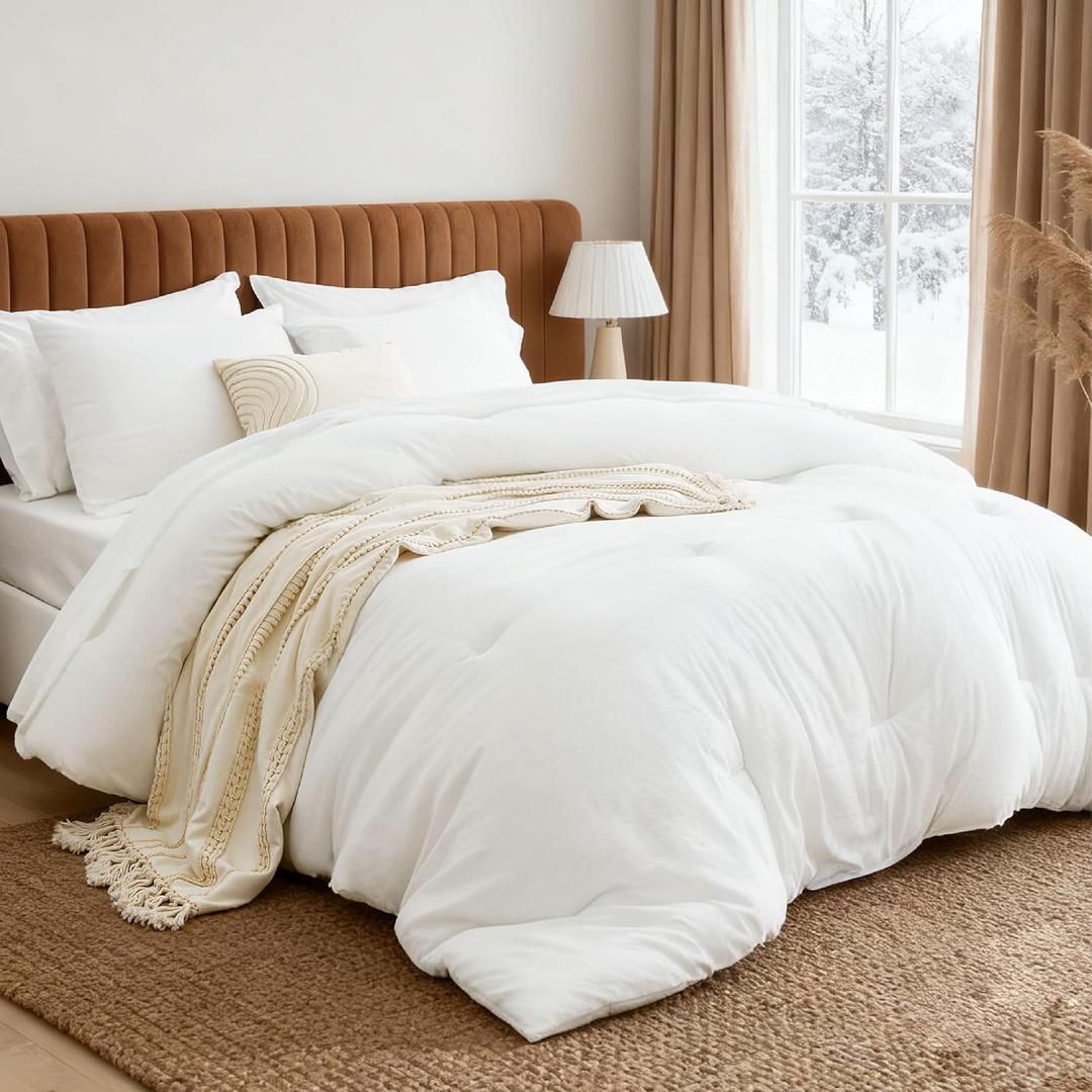 Bedsure White King Comforter Set, Soft Bed in a Bag 7 Pieces, Alternative Bedding for All Seasons, Breathable Marshmallow Prewashed Bed Set with Comforters, Sheets, Pillowcases & Shams