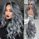 Silver Gray Wigs for Women Long Layered Ombre Gray Highlight Wig Synthetic Light Gray with Curtain Bangs for Black White Women Long Ombre Gray Natural Body Wave Middle Part 24Inch