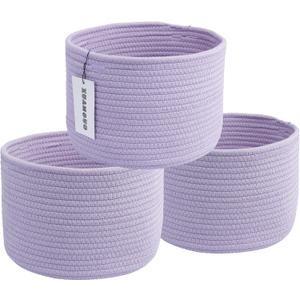 Small round Storage Basket - 3-Pack Round Cube Bins (10x10x7'') for Shelves, Closets & Bookcases | Durable Rope Organizers for Nursery, Baby, Toys, Easter & More (Purple)