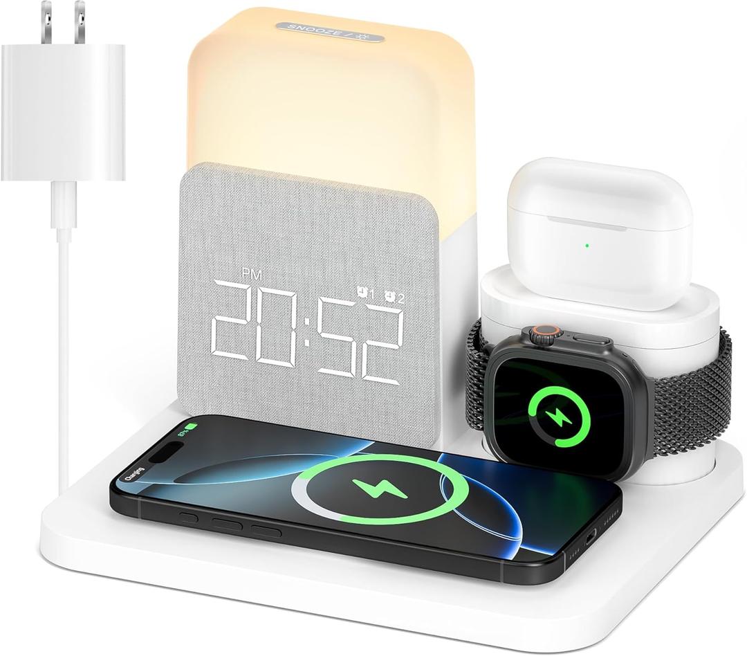 Alarm Clock Charging Station for Bedrooms, 7 in 1 Wireless Charging Station, Magnetic Charger with Night Light Bedside Clock for iPhone 17 16 15 14 13 12 Pro Max, Apple Watch, AirPods (White)