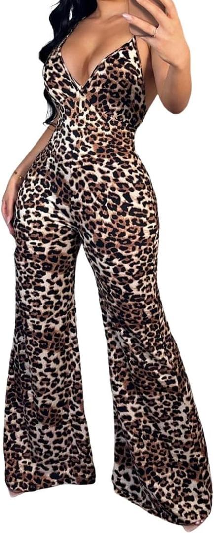 WDIRARA Women's Sexy Wide Leg Night Out Leopard Print Jumpsuits (L)