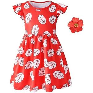 Carkno Little Girls Costume Dress with 4inch Hawaiian Red Flower Hair Clip Toddler Red Leaf Dress Halloween Cosplay Outfit