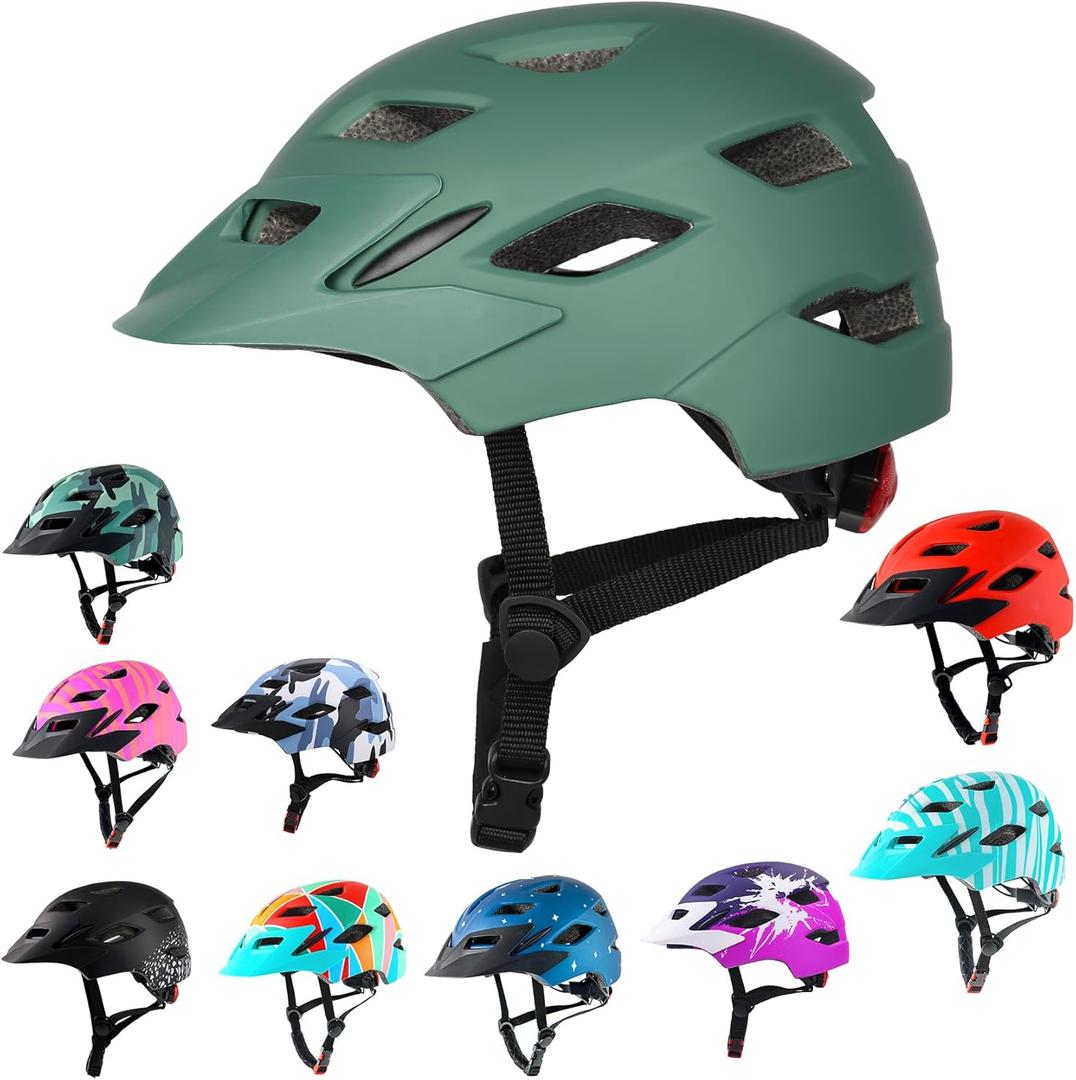 Kids Bike Helmet,Bavilk Kids Boys Girls Bike Helmets with LED Light Detachable Visor Children Youth Teen Multi-Sport for Skating Cycling Scooter Skateboard Adjustable & Lightweight 19.7"-22.4" (Matte Olive Green)