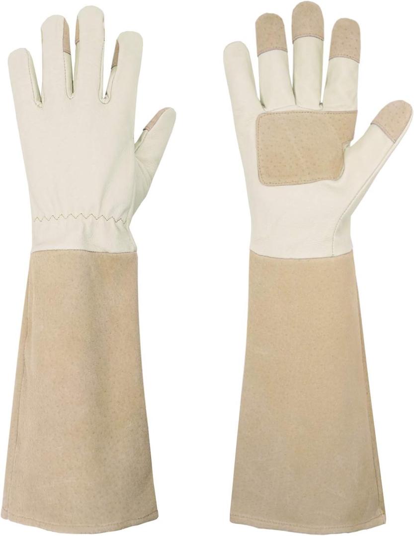 HANDLANDY Pruning Gloves Long for Men & Women, Pigskin Leather Rose Gardening Gloves- Breathable & Durability Gauntlet Glove (Small, Beige) (Small (Pack of 1))