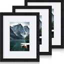 8x10 Black Picture Frames set of 3, Made of Wooden and Glass Photo frame - Displays Picture 5x7 with Mat or 8 x 10 without Mat, Desktop & Wall Collage Frame set