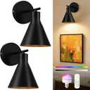 Modern Wireless Battery Operated Wall Sconces, Black Rechargeable Cordless LED Wall Lights Set of Two, Dimmable Battery Powered Wall Decor Lamp Fixture with Remote Control for Bedroom Indoor