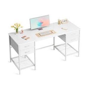 Huuger 55 Inch Computer Desk with 4 Drawers, Office Desk with Mesh Shelf, Gaming Desk, Large Storage, Writing Desk Work Desk for Home Office, Study, Bedroom, Work from Home, White
