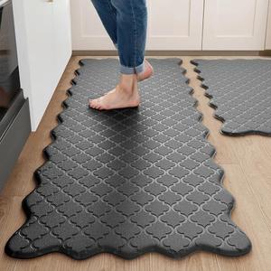 Arenarug Upgrade Scalloped Embossed Kitchen Mats for Floor 2PCS Cushioned Anti Fatigue Waterproof Foam Kitchen Rugs Non Slip Washable Comfort Standing Mat for Office Sink Laundry, Black
